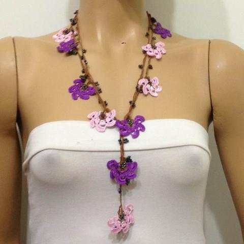 Pink and Purple Crochet beaded flower lariat necklace with purplish Beads