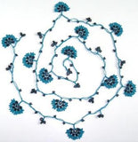 10.12.15 Black and Blue Crochet beaded flower lariat necklace with Black beads.