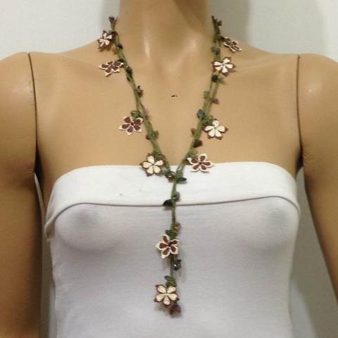 Brown and beige beaded flower lariat necklace with Fancy Jasper (Indian Agate) Natural Gemstone