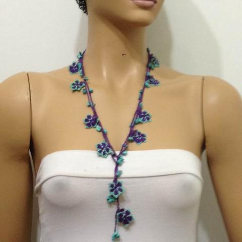 Green and Purple beaded flower lariat necklace with Blue Turquoise Natural Gemstone