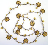 Yellow and Brown Crochet beaded crochet flower lariat necklace with Golden Beads