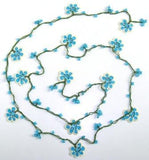 Blue and White Crochet beaded OYA flower lariat necklace with Blue Beads