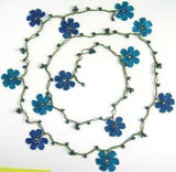 Blue crochet Flower Lariat Necklace with purplish black beads