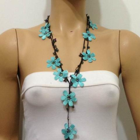BLUE crochet Flower Lariat Necklace with black strand and purplish black beads