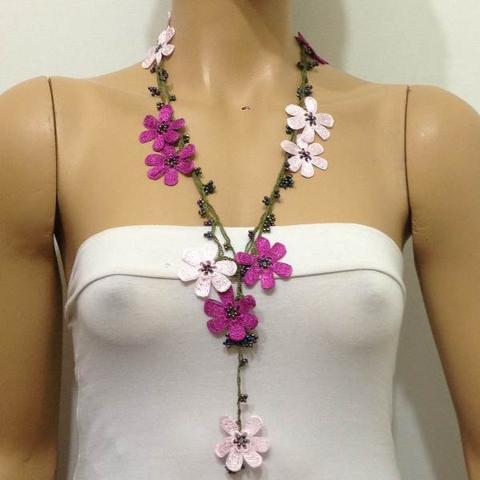 PINK and Dark Pink OYA Flower Lariat Necklace with purplish black beads