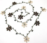 BEIGE and BROWN crochet Flower Lariat Necklace with purplish black beads