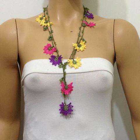Yellow, Purple Fuchsia Crochet beaded flower lariat necklace with Green Beads