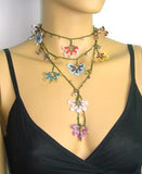 Multi-color WHEEL of FORTUNE motif Crochet beaded crochet Flower lariat necklace