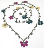 Plum, Teal and Yellow Crochet beaded flower lariat necklace with Amethyst Stones