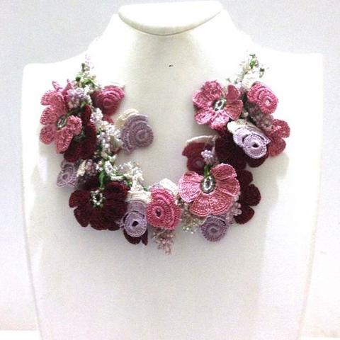 Pink Lilac Burgundy Bouquet Necklace - Crochet OYA Lace Necklace
