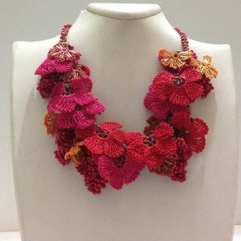 Pomagranate RED and HOT PINK with Hot Pink Grapes - Crochet crochet Lace Necklace