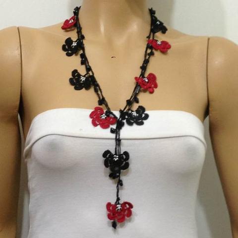 Black and Dark Red Crochet beaded flower lariat necklace with Black Onyx Stones
