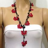 Dark Red Crochet beaded flower lariat necklace with Black Onyx Stones