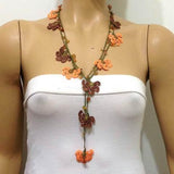Orange and Brown Crochet beaded flower lariat necklace with Agate Stones