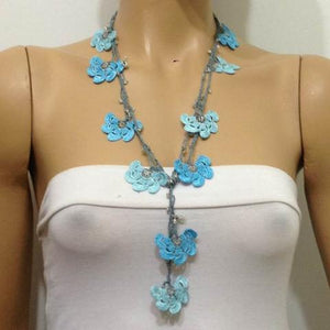 Blue Crochet beaded flower lariat necklace with White Transparent Beads