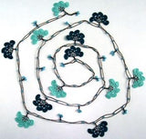 Teal Green Crochet beaded flower lariat necklace with Brown Strand and Blue Beads
