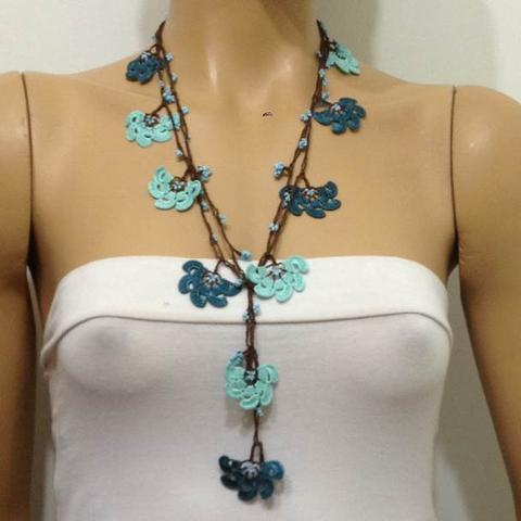Teal Green Crochet beaded flower lariat necklace with Brown Strand and Blue Beads