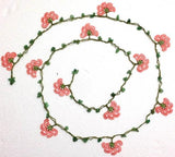 Pink Crochet beaded flower lariat necklace with Green Jade Stones