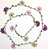 Pink,Purplish,Beige Crochet beaded flower lariat necklace with Green Jade Stones