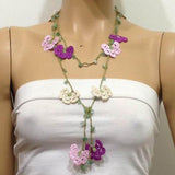 Pink,Purplish,Beige Crochet beaded flower lariat necklace with Green Jade Stones