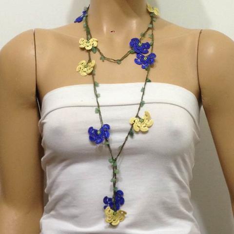 Yellow, Night Blue Crochet beaded flower lariat necklace with Green Jade Stones