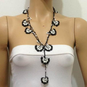 Black and White Crochet beaded flower lariat necklace with white beads