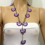 Lilac and Purple Crochet beaded flower lariat necklace with Lavender beads
