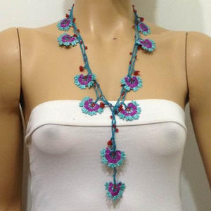 Blue and Plum Crochet beaded flower lariat necklace with Red beads