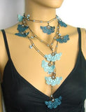 Blue and Teal Green Crochet beaded flower lariat necklace with Blue beads