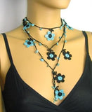 Blue and Black Daisy Crochet beaded flower lariat necklace with Blue Turquoise Stones
