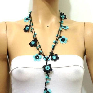 Blue and Black Daisy Crochet beaded flower lariat necklace with Blue Turquoise Stones