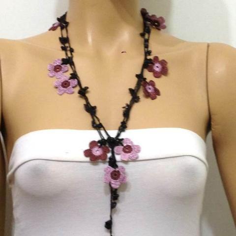 Lilac and Brown Daisy Crochet beaded flower lariat necklace with Black Star Stones