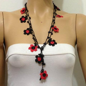 Black and Red Daisy Crochet beaded flower lariat necklace with Black ONYX Stones
