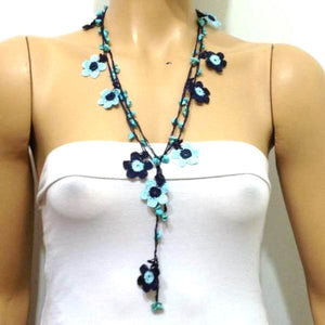 Blue and Navy Daisy Crochet beaded flower lariat necklace with Blue Turquoise Stones