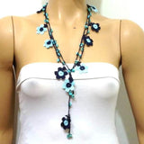 Blue and Navy Daisy Crochet beaded flower lariat necklace with Blue Turquoise Stones