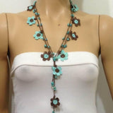 Brown and Teal Green Daisy Crochet beaded flower lariat necklace with Blue Turquoise Stones