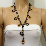 Black and Yellow Daisy Crochet beaded flower lariat necklace with Black Onyx Stones