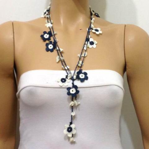 NAVY and White Daisy Crochet beaded flower lariat necklace with White Shell Stones