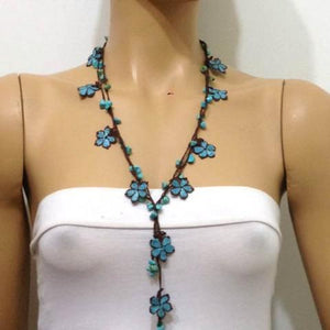 Brown and Blue beaded flower lariat necklace with natural Turquoise Gemstone