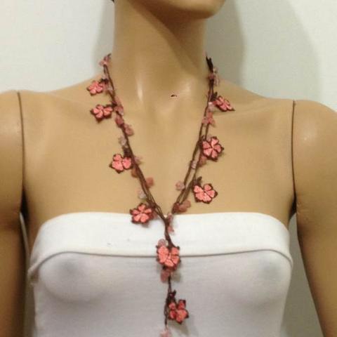 Peach and Brown beaded flower lariat necklace with natural Rose Quartz Gemstone