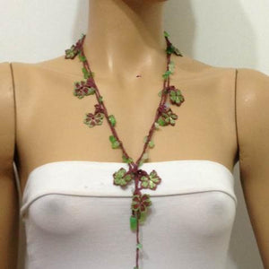Green and Brown beaded flower lariat necklace with natural Green Chalcedony Gemstone.Genuine natural gemstone jewelry