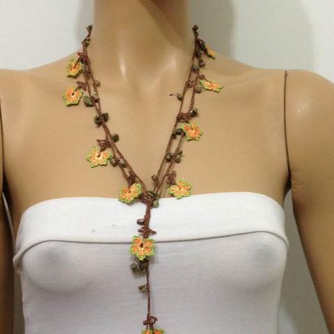 Orange and Green beaded flower lariat necklace with Fancy Jasper (Indian Agate) Natural Gemstone