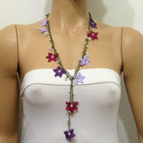 10.17.11 Burgundy,Lilac and Purple beaded crochet flower lariat necklace with White Beads.
