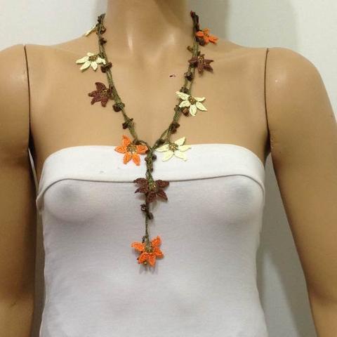 Yellow,Orange and Brown beaded crochet flower lariat necklace with natural Brown Tigers Eye Gemstone