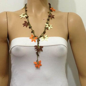 Yellow,Orange and Brown beaded OYA flower lariat necklace with natural Brown Tigers Eye Gemstone