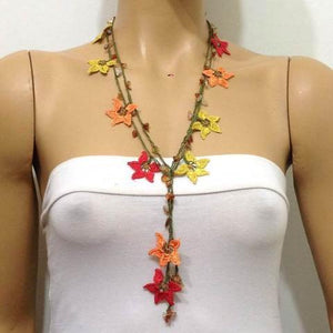 Yellow Orange Red Crochet beaded flower lariat necklace with Agate Stones