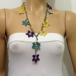 Green,Yellow and Purple beaded crochet flower lariat necklace with white beads