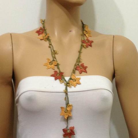 Yellow and Copper beaded crochet flower lariat necklace with golden beads
