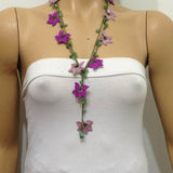 Lilac and Purple beaded crochet flower lariat necklace with natural Green Jade Gemstone