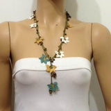 Green,Cream and Yellow Crochet beaded OYA flower lariat necklace with Brown Tigers Eye Semi-precious GemStones
